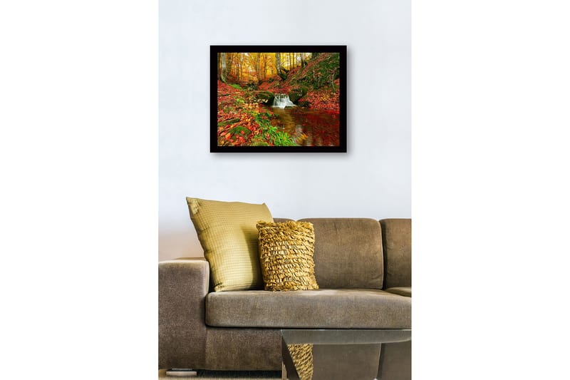Indrammet lærredstryk i træ - 41x56 cm - Smuk skov med en rislende bæk omgivet af efterårsfarver - Rød / Orange / Grøn - Boligtilbehør - Billeder & kunst