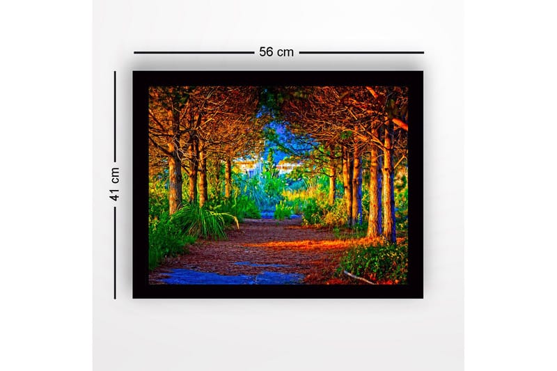 Indrammet lærredstryk i træ - 41x56 cm - Smuk skovsti omgivet af træer i gyldne og grønne nuancer - Guld / Grøn / Brun - Boligtilbehør - Billeder & kunst