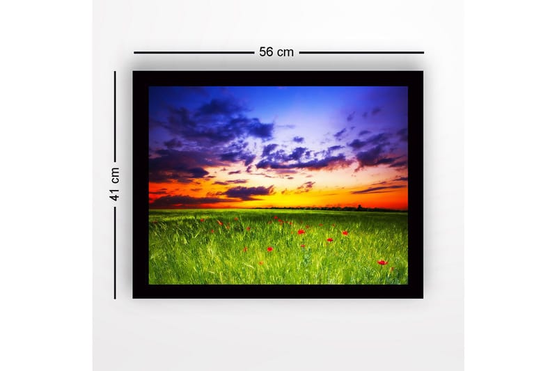 Indrammet lærredstryk i træ - 41x56 cm - Smuk solnedgang over en grøn eng med røde valmuer - Grøn / Orange / Blå - Boligtilbehør - Billeder & kunst