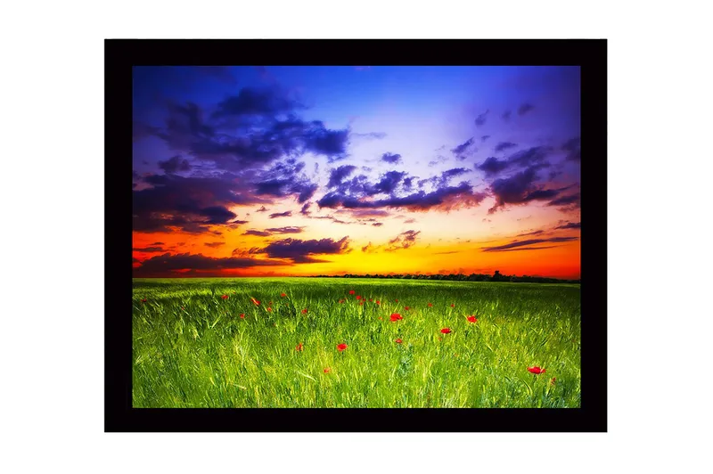 Indrammet lærredstryk i træ - 41x56 cm - Smuk solnedgang over en grøn eng med røde valmuer, Grøn / Orange / Blå