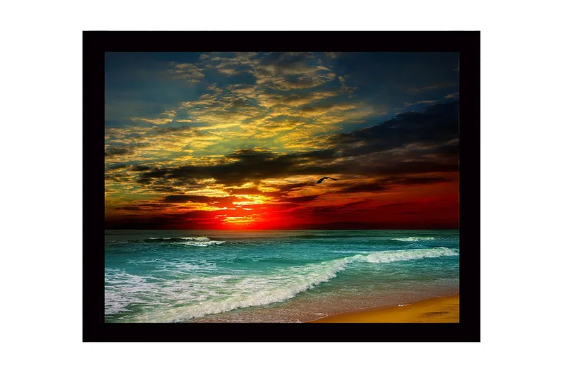 Indrammet lærredstryk i træ - 41x56 cm - Smuk solnedgang over havet med dramatiske skyformationer, Mørkerød / Turkis / Gylden