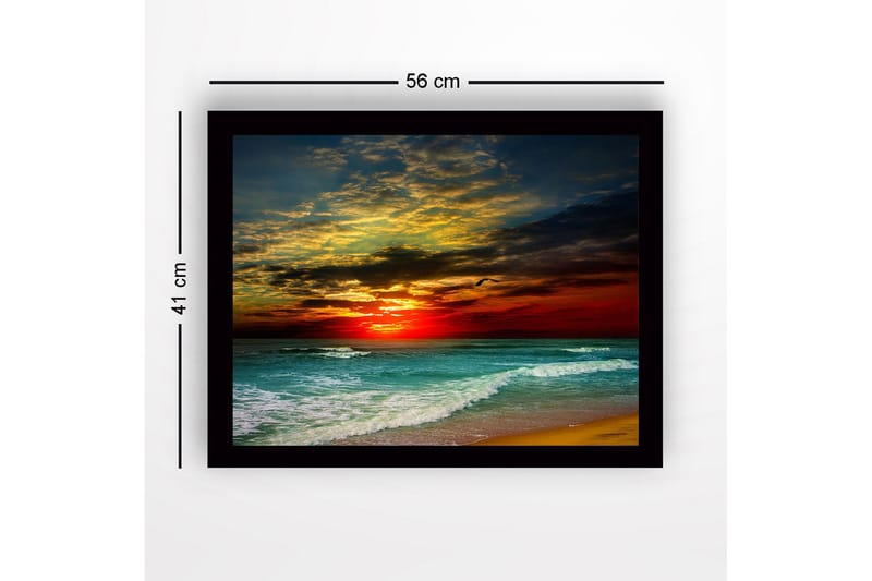 Indrammet lærredstryk i træ - 41x56 cm - Smuk solnedgang over havet med dramatiske skyformationer - Mørkerød / Turkis / Gylden - Boligtilbehør - Billeder & kunst