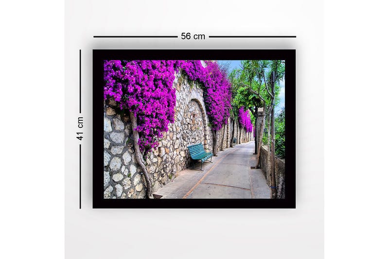 Indrammet lærredstryk i træ - 41x56 cm - Smuk sti med bougainvillea, der pryder en stenmur - Lilla / Grøn / Beige - Boligtilbehør - Billeder & kunst