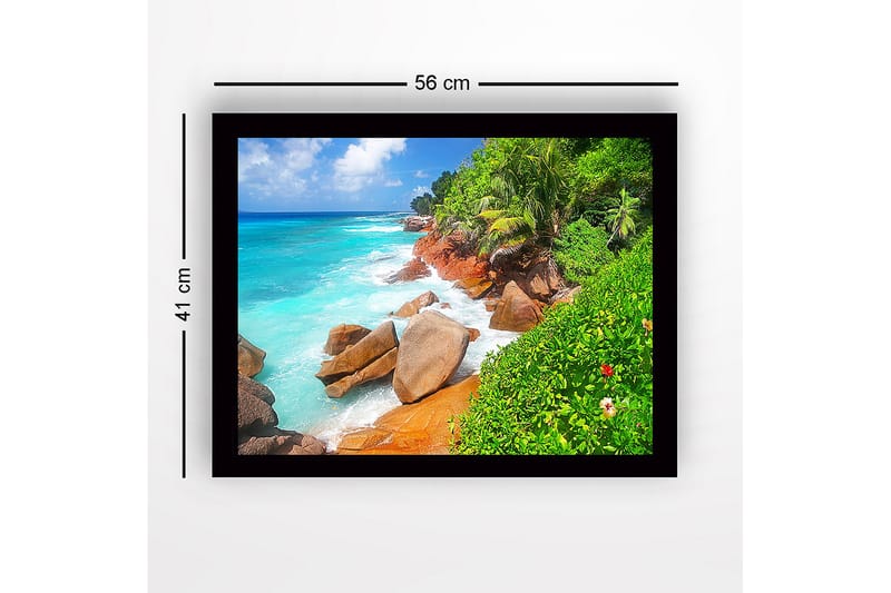 Indrammet lærredstryk i træ - 41x56 cm - Smuk strand med klipper og turkisblåt vand - Turkis / Grøn / Beige - Boligtilbehør - Billeder & kunst
