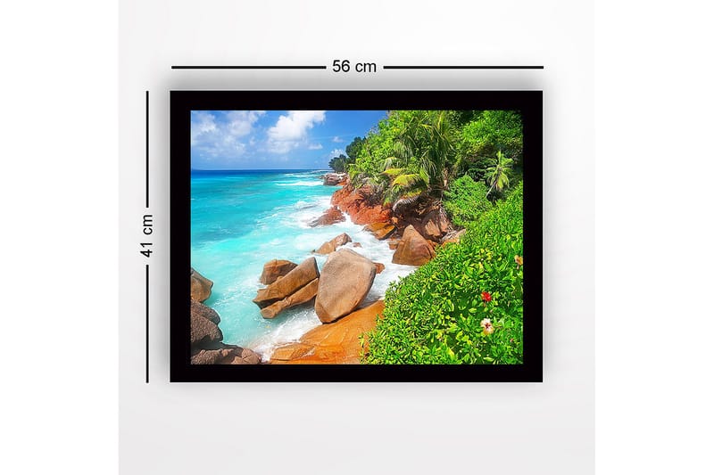 Indrammet lærredstryk i træ - 41x56 cm - Smuk strand med klipper og turkisblåt vand - Turkis / Grøn / Beige - Boligtilbehør - Billeder & kunst
