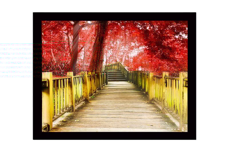 Indrammet lærredstryk i træ - 41x56 cm - Smuk træbro omgivet af røde træer i efterårsfarver, Rød / Gul / Brun