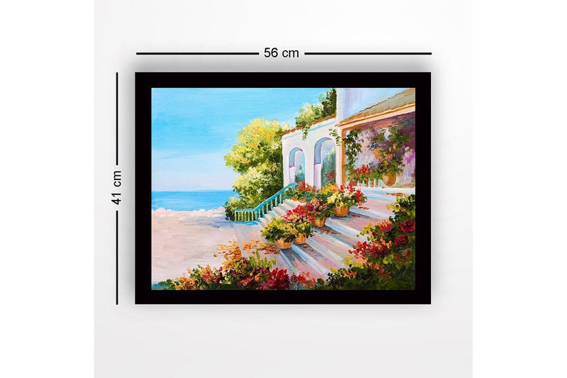 Indrammet lærredstryk i træ - 41x56 cm - Smuk trappe med blomsterpotter i et solrigt kystmiljø - Grøn / Lyserød / Blå - Boligtilbehør - Billeder & kunst