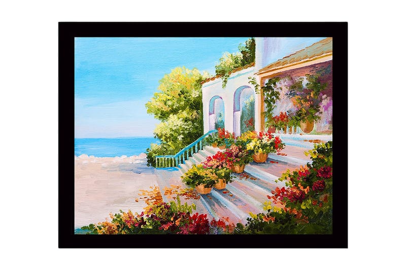 Indrammet lærredstryk i træ - 41x56 cm - Smuk trappe med blomsterpotter i et solrigt kystmiljø, Grøn / Lyserød / Blå