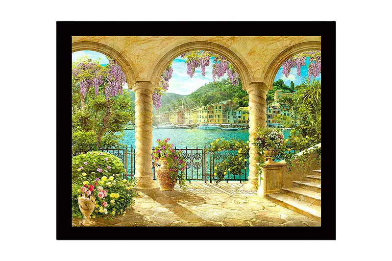 Indrammet lærredstryk i træ - 41x56 cm - Smuk udsigt gennem buen med blomster og havet i baggrunden, Lilla / Grøn / Guld