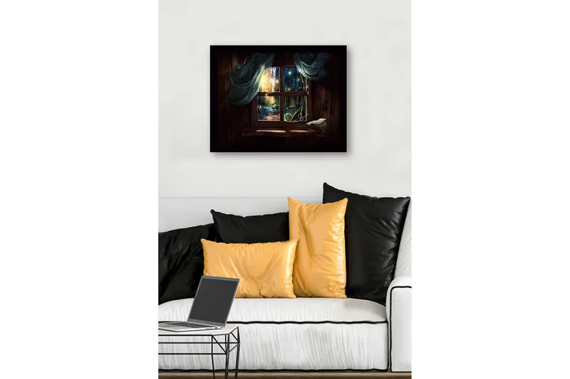 Indrammet lærredstryk i træ - 41x56 cm - Smuk udsigt gennem et vindue mod en magisk skov - Mørkegrøn / Brun / Lyseblå - Boligtilbehør - Billeder & kunst