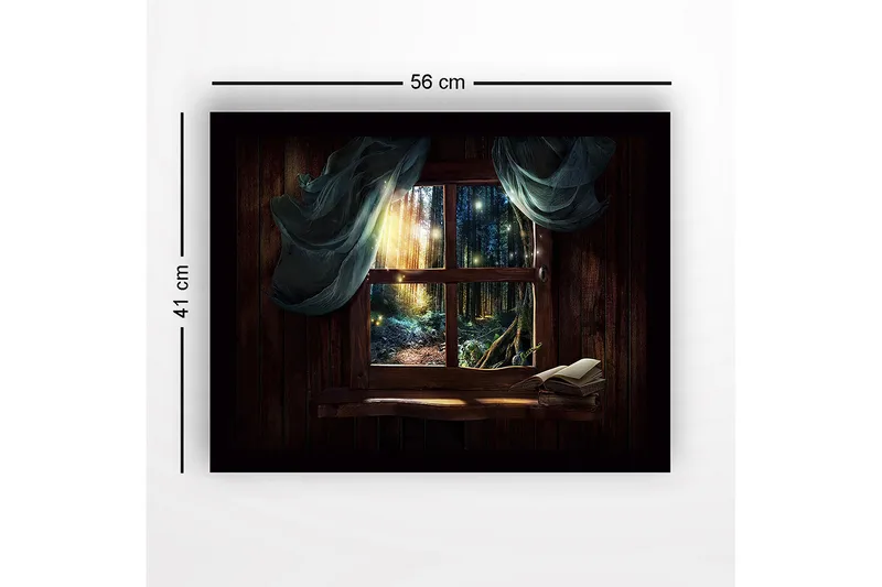 Indrammet lærredstryk i træ - 41x56 cm - Smuk udsigt gennem et vindue mod en magisk skov - Mørkegrøn / Brun / Lyseblå - Boligtilbehør - Billeder & kunst