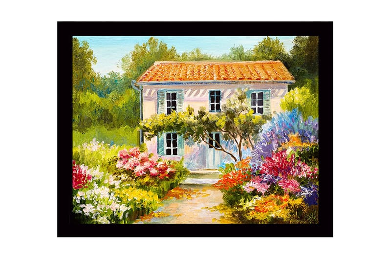 Indrammet lærredstryk i træ - 41x56 cm - Smuk villa omgivet af blomstrende have, Grøn / Lyserød / Gul