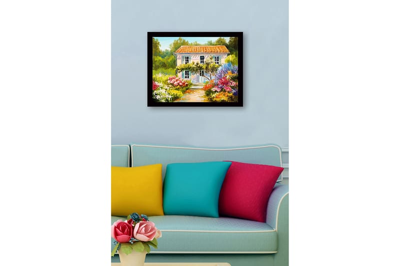 Indrammet lærredstryk i træ - 41x56 cm - Smuk villa omgivet af blomstrende have - Grøn / Lyserød / Gul - Boligtilbehør - Billeder & kunst