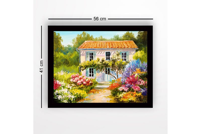 Indrammet lærredstryk i træ - 41x56 cm - Smuk villa omgivet af blomstrende have - Grøn / Lyserød / Gul - Boligtilbehør - Billeder & kunst