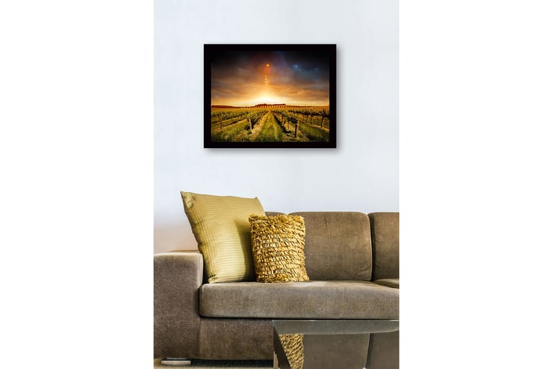 Indrammet lærredstryk i træ - 41x56 cm - Smuk vingård under en gylden solnedgang - Guld / Grøn / Brun - Boligtilbehør - Billeder & kunst