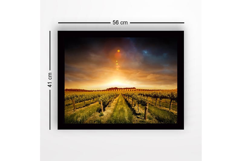 Indrammet lærredstryk i træ - 41x56 cm - Smuk vingård under en gylden solnedgang - Guld / Grøn / Brun - Boligtilbehør - Billeder & kunst