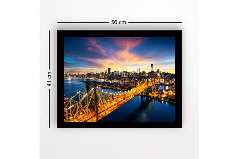 Indrammet lærredstryk i træ - 41x56 cm - Smukt bybillede af en bro med en funklende skyline i baggrunden - Guld / Blå / Lyserød - Boligtilbehør - Billeder & kunst