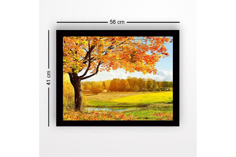 Indrammet lærredstryk i træ - 41x56 cm - Smukt efterårslandskab med et stort træ og farverige blade - Orange / Gul / Grøn - Boligtilbehør - Billeder & kunst