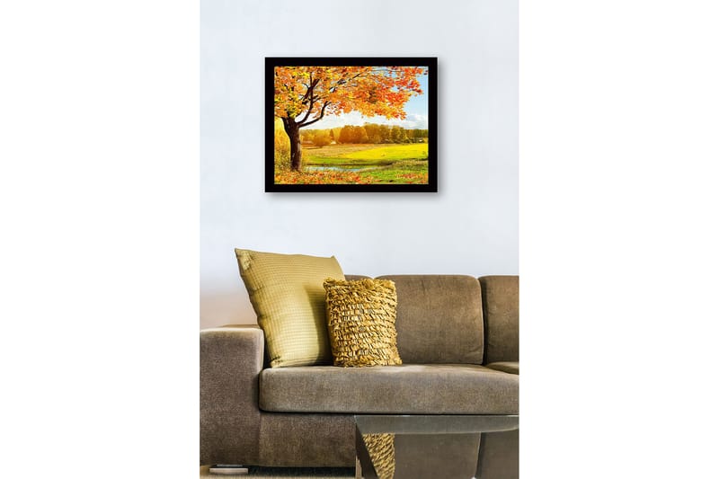 Indrammet lærredstryk i træ - 41x56 cm - Smukt efterårslandskab med et stort træ og farverige blade - Orange / Gul / Grøn - Boligtilbehør - Billeder & kunst
