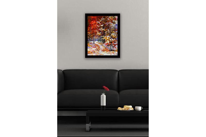 Indrammet lærredstryk i træ - 41x56 cm - Smukt efterårslandskab med farverige træer og en snoet sti - Rød / Orange / Gul - Boligtilbehør - Billeder & kunst
