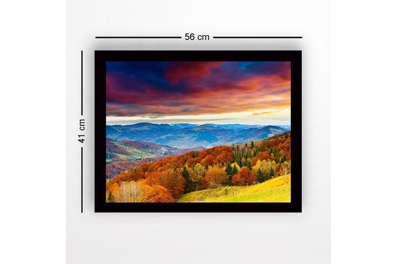 Indrammet lærredstryk i træ - 41x56 cm - Smukt efterårslandskab med farverige træer og fjerne bjerge - Orange / Grøn / Blå - Boligtilbehør - Billeder & kunst