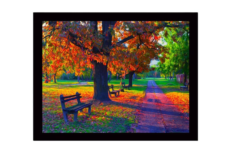 Indrammet lærredstryk i træ - 41x56 cm - Smukt efterårsscene med farverige træer og bænke i en park, Orange / Grøn / Brun