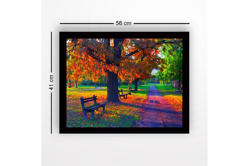 Indrammet lærredstryk i træ - 41x56 cm - Smukt efterårsscene med farverige træer og bænke i en park - Orange / Grøn / Brun - Boligtilbehør - Billeder & kunst