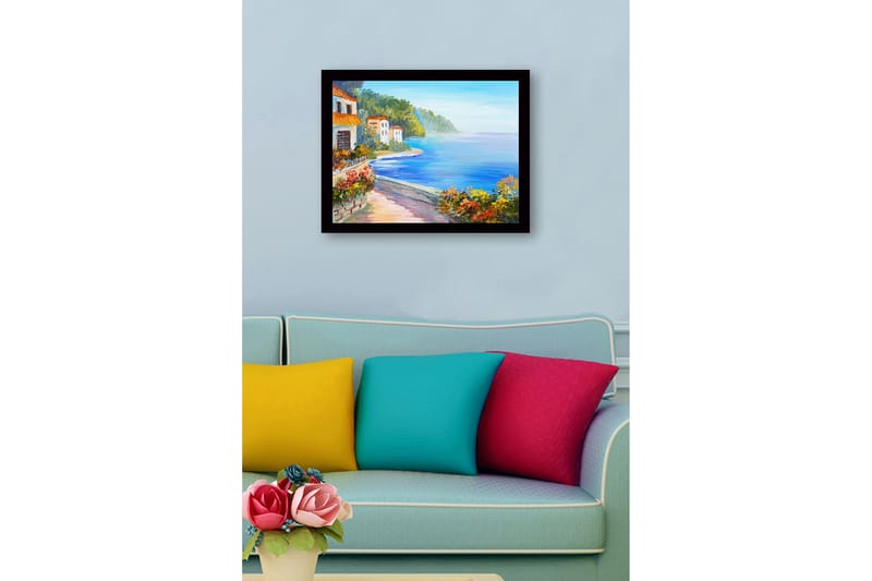 Indrammet lærredstryk i træ - 41x56 cm - Smukt kystlandskab med farverige huse og blomstrende vegetation ved havet - Blå / Grøn / Orange - Boligtilbehør - Billeder & kunst