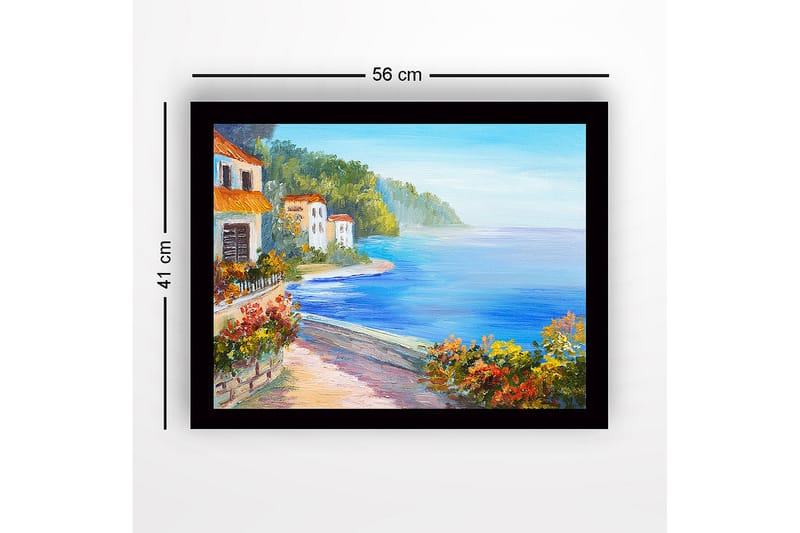 Indrammet lærredstryk i træ - 41x56 cm - Smukt kystlandskab med farverige huse og blomstrende vegetation ved havet - Blå / Grøn / Orange - Boligtilbehør - Billeder & kunst