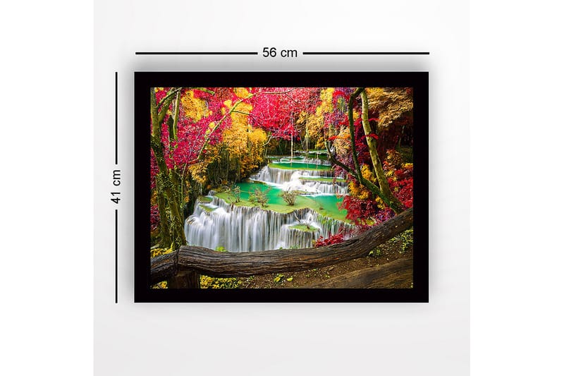 Indrammet lærredstryk i træ - 41x56 cm - Smukt vandfald med omgivende efterårsfarver - Rød / Gul / Turkis - Boligtilbehør - Billeder & kunst