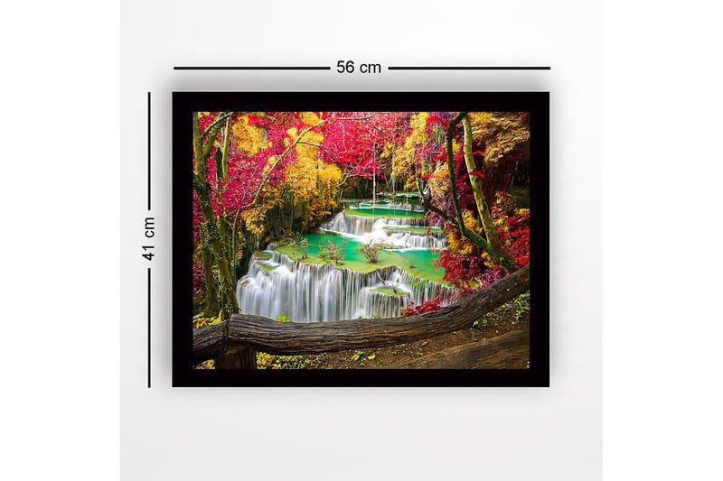 Indrammet lærredstryk i træ - 41x56 cm - Smukt vandfald med omgivende efterårsfarver - Rød / Gul / Turkis - Boligtilbehør - Billeder & kunst