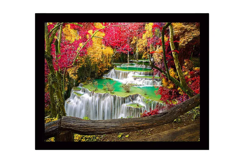 Indrammet lærredstryk i træ - 41x56 cm - Smukt vandfald med omgivende efterårsfarver, Rød / Gul / Turkis
