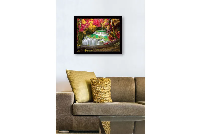 Indrammet lærredstryk i træ - 41x56 cm - Smukt vandfald med omgivende efterårsfarver - Rød / Gul / Turkis - Boligtilbehør - Billeder & kunst