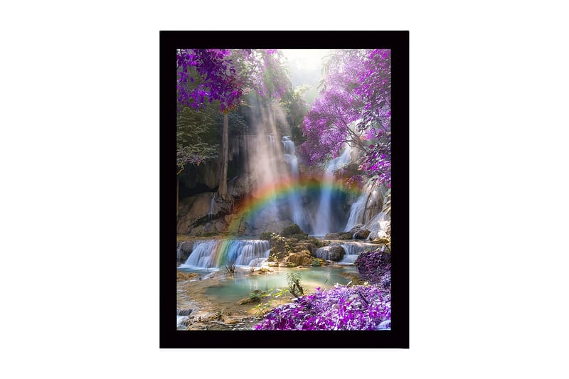 Indrammet lærredstryk i træ - 41x56 cm - Smukt vandfald med regnbue omgivet af lilla blomster og frodige træer, Lilla / Grøn / Blå