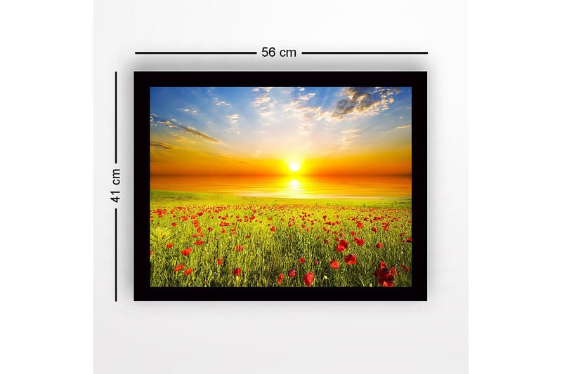 Indrammet lærredstryk i træ - 41x56 cm - Solnedgang over en blomstrende eng med valmuer - Gul / Grøn / Rød - Boligtilbehør - Billeder & kunst