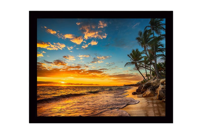 Indrammet lærredstryk i træ - 41x56 cm - Solnedgang over en strand med palmer og bølger, Orange / Blå / Grøn
