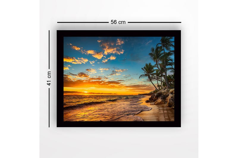 Indrammet lærredstryk i træ - 41x56 cm - Solnedgang over en strand med palmer og bølger - Orange / Blå / Grøn - Boligtilbehør - Billeder & kunst