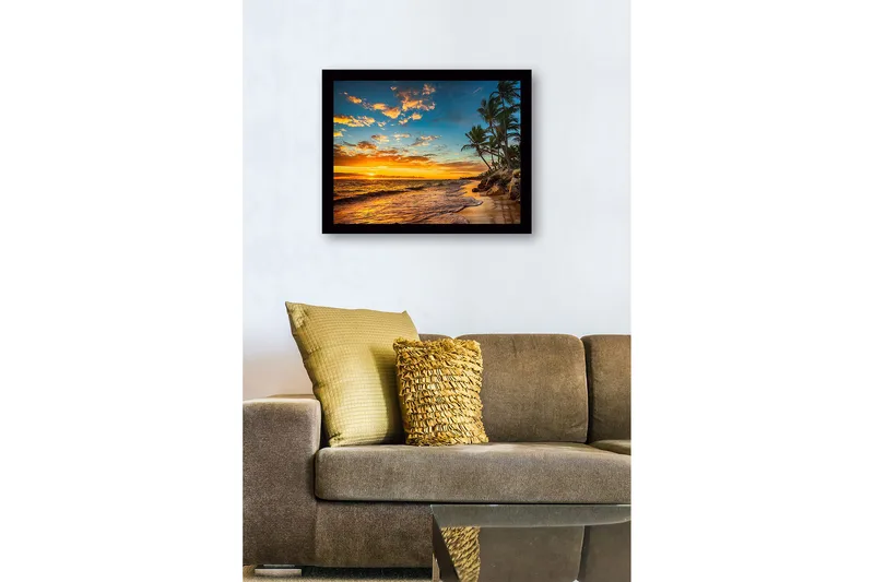 Indrammet lærredstryk i træ - 41x56 cm - Solnedgang over en strand med palmer og bølger - Orange / Blå / Grøn - Boligtilbehør - Billeder & kunst