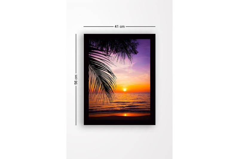 Indrammet lærredstryk i træ - 41x56 cm - Solnedgang over havet med palmer i forgrunden - Lilla / Orange / Gul - Boligtilbehør - Billeder & kunst