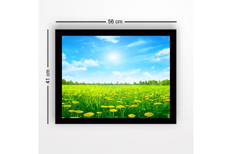 Indrammet lærredstryk i træ - 41x56 cm - Solrig eng med blomstrende mælkebøtter - Grøn / Gul / Blå - Boligtilbehør - Billeder & kunst