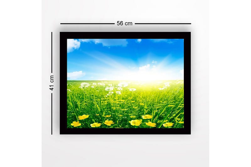 Indrammet lærredstryk i træ - 41x56 cm - Solrig eng med gule blomster og grønt græs - Gul / Grøn / Blå - Boligtilbehør - Billeder & kunst