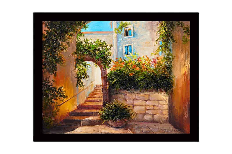 Indrammet lærredstryk i træ - 41x56 cm - Solrig gyde med blomstrende planter og brolagte trapper, Grøn / Orange / Beige