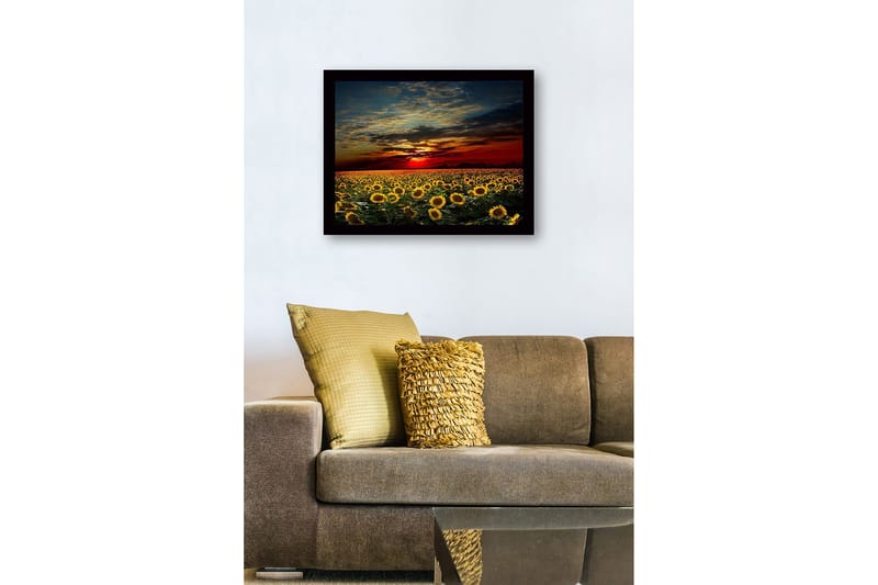 Indrammet lærredstryk i træ - 41x56 cm - Solsikkemark under en farverig solnedgang - Gul / Orange / Blå - Boligtilbehør - Billeder & kunst