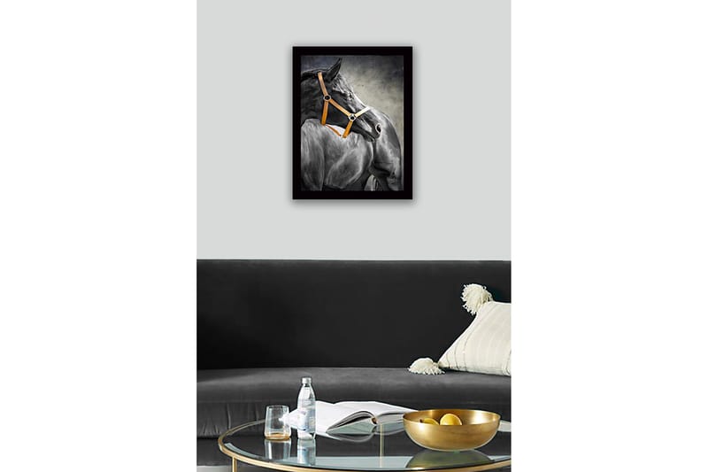 Indrammet lærredstryk i træ - 41x56 cm - Sort hest med orange grime i profil - Sort / Orange / Grå - Boligtilbehør - Billeder & kunst