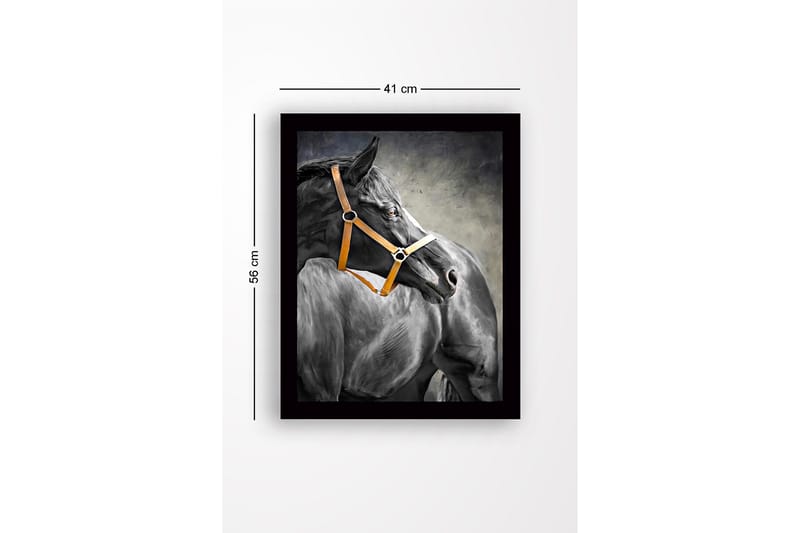 Indrammet lærredstryk i træ - 41x56 cm - Sort hest med orange grime i profil - Sort / Orange / Grå - Boligtilbehør - Billeder & kunst