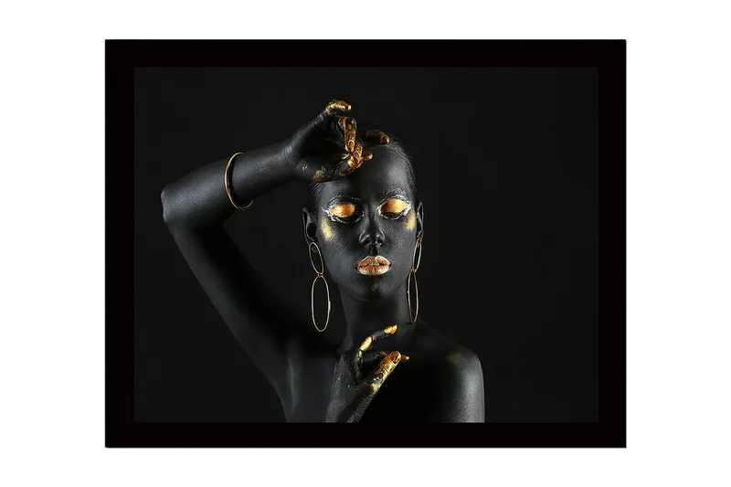 Indrammet lærredstryk i træ - 41x56 cm - Sort og guld dekoreret krop med elegant pose, Sort / Guld