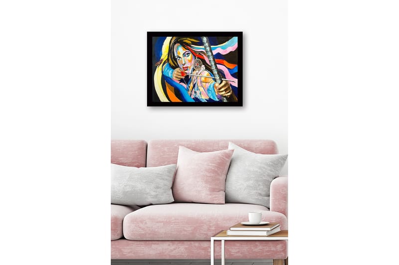 Indrammet lærredstryk i træ - 41x56 cm - Stærkt portræt af en kvinde med bue og pil og drømmefanger - Blå / Lyserød / Orange - Boligtilbehør - Billeder & kunst