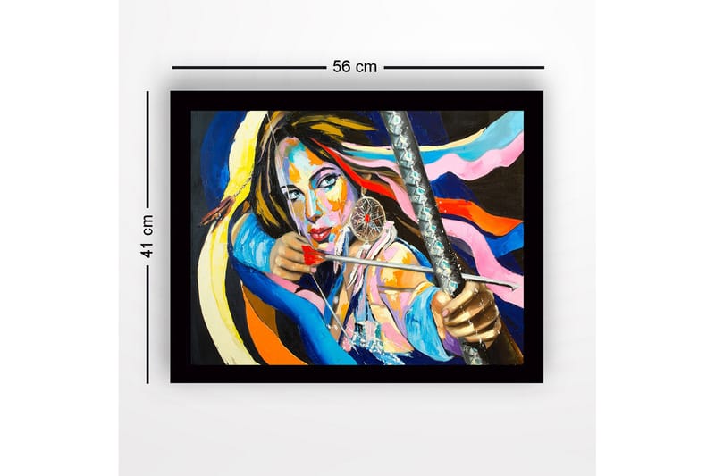 Indrammet lærredstryk i træ - 41x56 cm - Stærkt portræt af en kvinde med bue og pil og drømmefanger - Blå / Lyserød / Orange - Boligtilbehør - Billeder & kunst