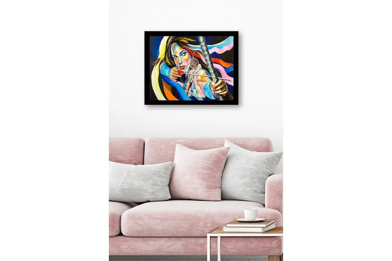 Indrammet lærredstryk i træ - 41x56 cm - Stærkt portræt af en kvinde med bue og pil og drømmefanger - Blå / Lyserød / Orange - Boligtilbehør - Billeder & kunst