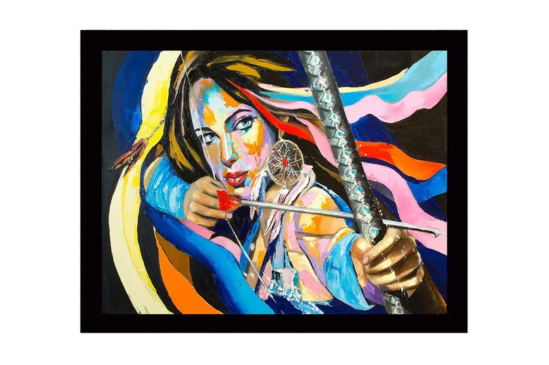 Indrammet lærredstryk i træ - 41x56 cm - Stærkt portræt af en kvinde med bue og pil og drømmefanger, Blå / Lyserød / Orange